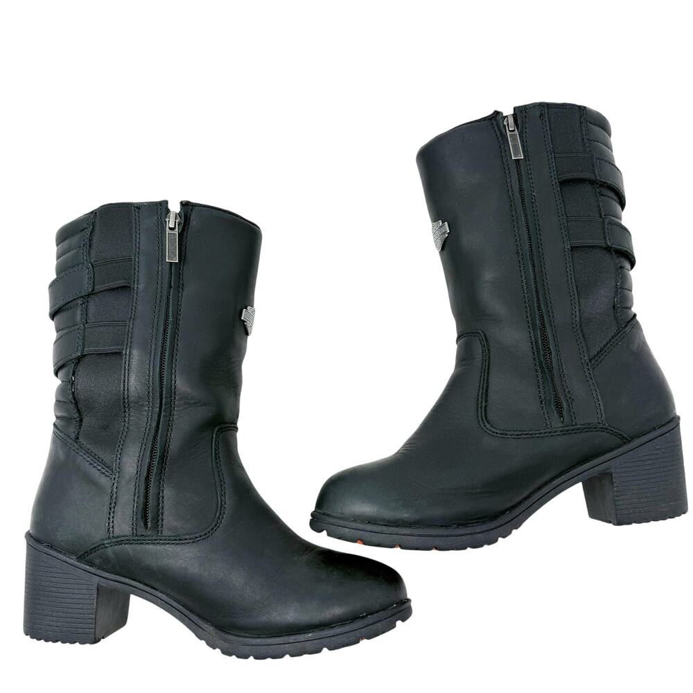 Harley-Davidson Black Leather Moto Boots Women's Sz 9 Quilted Detail Waterproof - Picture 5 of 11